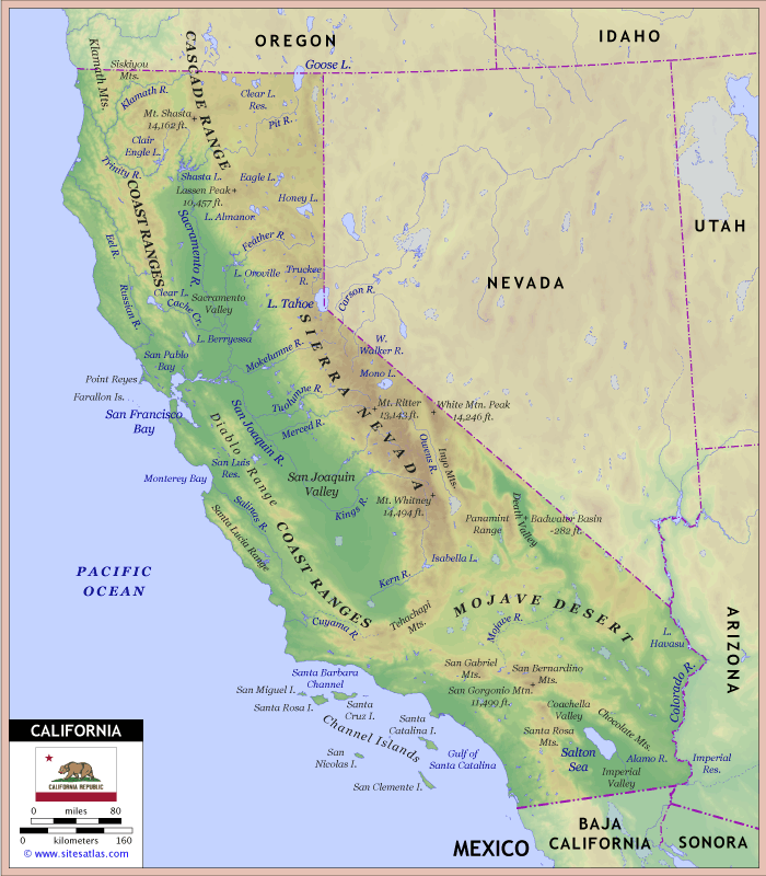 physical map of california with key Physical Features California The Golden State physical map of california with key